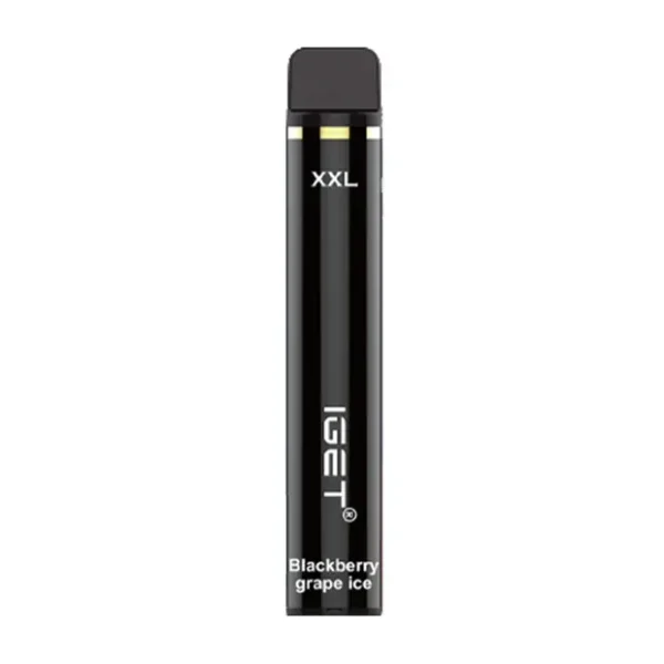 Blackberry Grape Ice iGET XXL 1800 Puffs disposable vape device and deep purple retail packaging box on a clean background