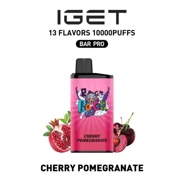 Blackberry Pomegranate Cherry iGET Bar Pro 10000 Puffs rechargeable disposable vape device and deep red retail packaging box on a clean background