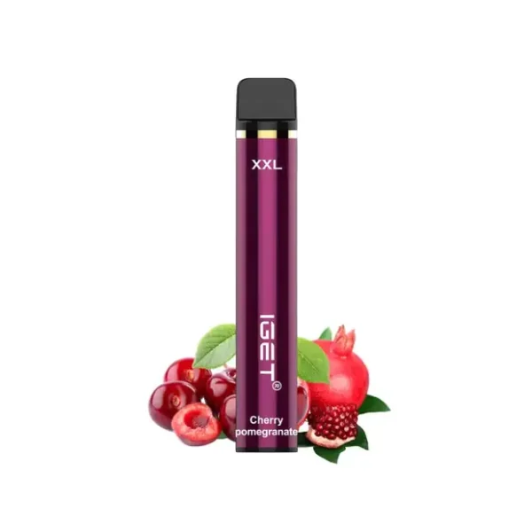 Cherry Pomegranate iGET XXL 1800 Puffs disposable vape device and deep red retail packaging box on a clean background