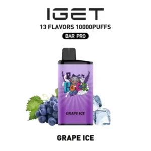 Grape Ice IGET Bar Pro 10000 Puffs Grape Ice iGET Bar Pro 10000 Puffs rechargeable disposable vape device and purple retail packaging box on a clean background