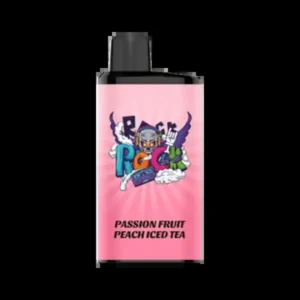 Passion Fruit Peach Ice Tea IGET Bar Pro 10000 Puffs • Passion Fruit Peach Ice Tea iGET Bar Pro 10000 Puffs rechargeable disposable vape device and orange retail packaging box on a clean background