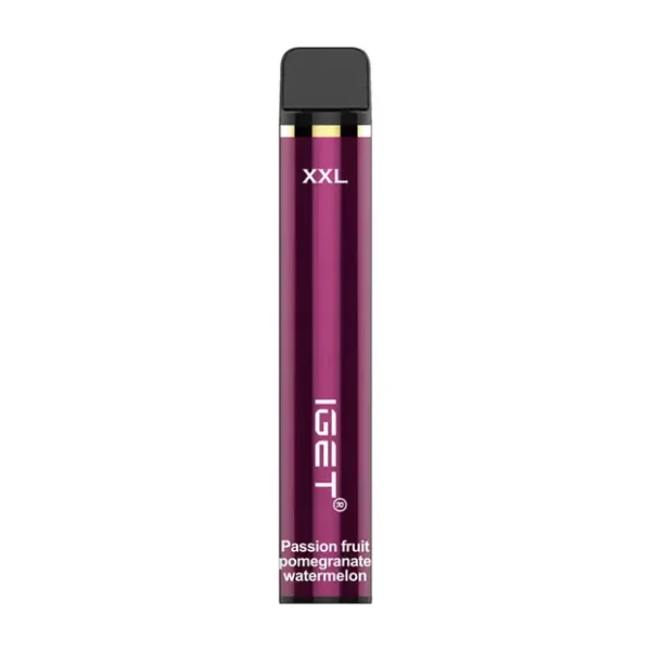 assion Fruit Pomegranate Watermelon iGET XXL 1800 Puffs disposable vape device and retail packaging box on a clean background