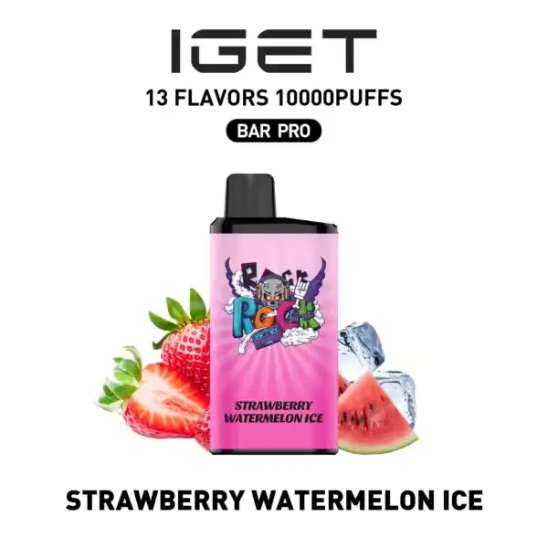 • Strawberry Watermelon Ice iGET Bar Pro 10000 Puffs rechargeable disposable vape device and red retail packaging box on a clean background